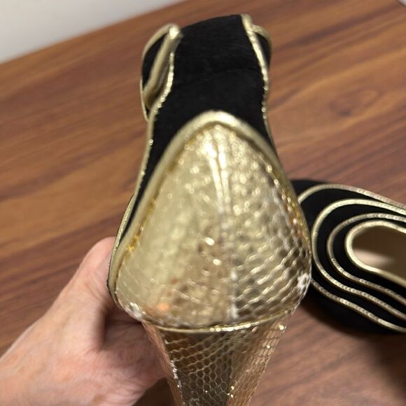 Christie Morris Black Suede & Gold Reptile Stiletto Ankle Strap Shoes. Size 38. - Picture 10 of 11